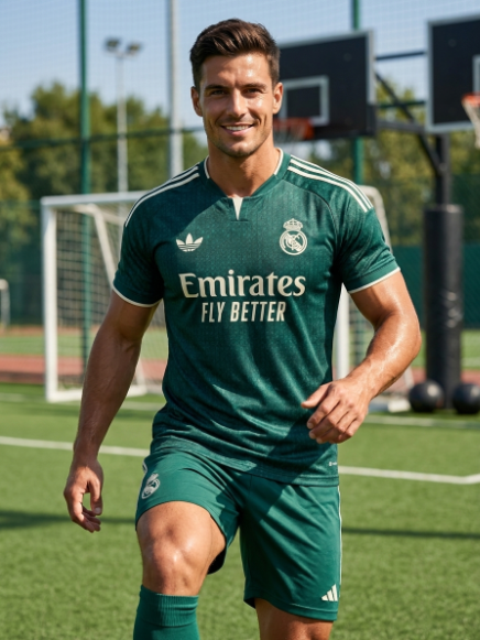 A male soccer player wearing a dark green Real Madrid jersey and matching shorts stands on a green turf field. The jersey features the white Adidas logo, the Real Madrid crest, and the Emirates Fly Better sponsor text.