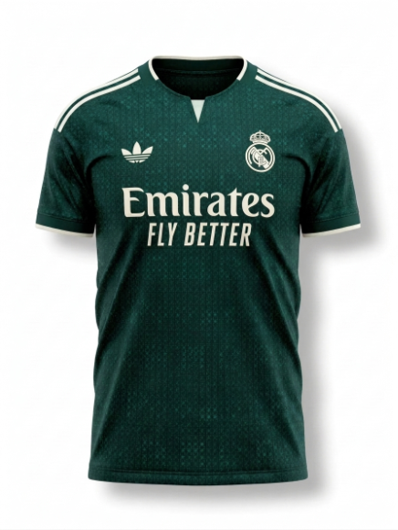 A dark green Real Madrid soccer jersey with white accents, featuring the Adidas logo, Real Madrid crest, and Emirates Fly Better sponsor text on a white background.